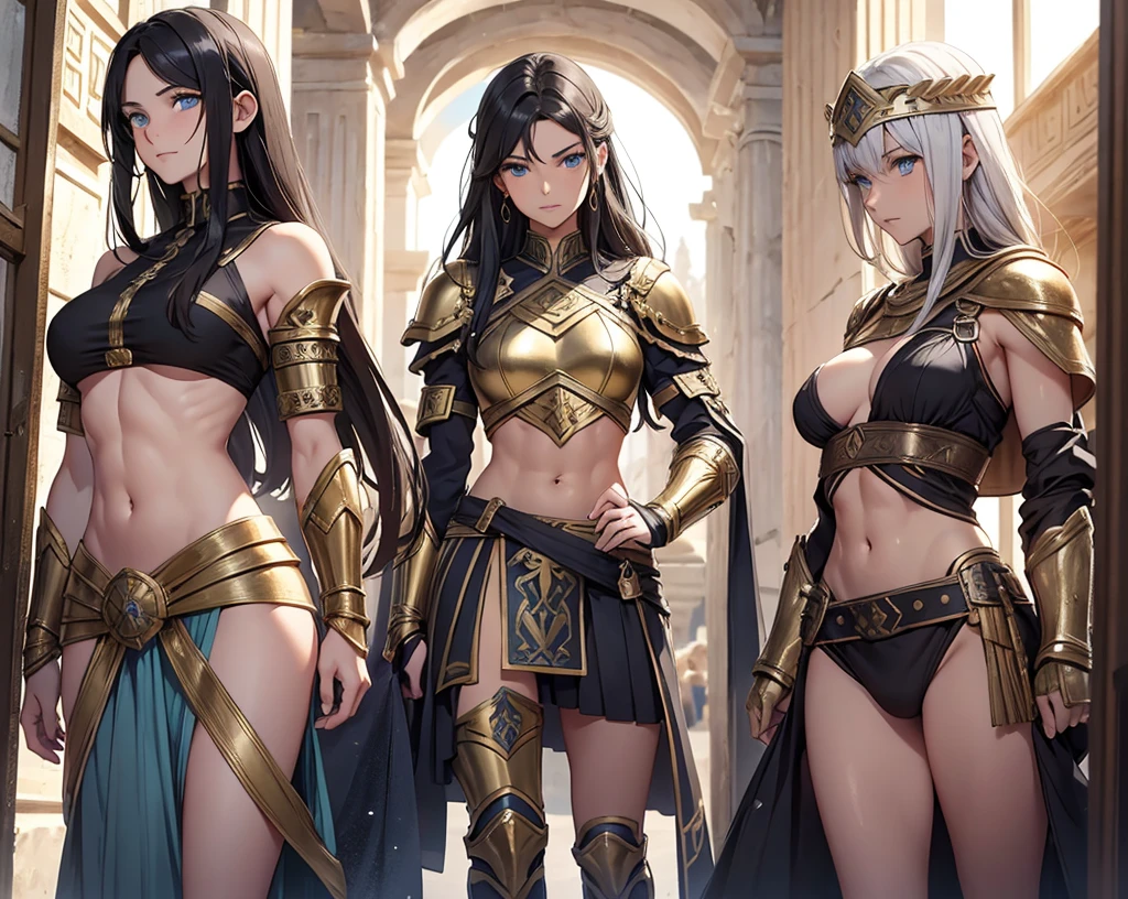a beautiful Greek warrior standing guard at a door, Greek warrior, ancient Greece, classical Greece, black armor ,slim body, defined abdomen , warrior woman, short skirt, light armor, black hair, blue eyes , green eyes