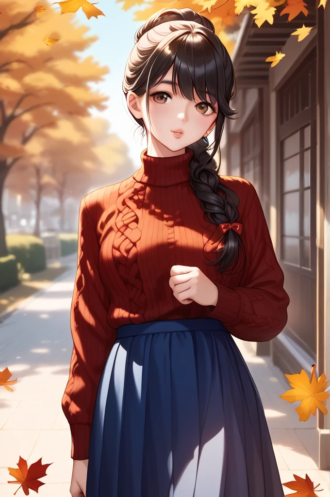  1 girl in uniform,  beautiful Japanese woman　Simply beautiful　 pubic skin　Glossy lips　 Perfect Body 　 black hair, 　 Very Beautiful 　 autumn park　 cm apart　Wavy long hairstyle　 sweater dress 