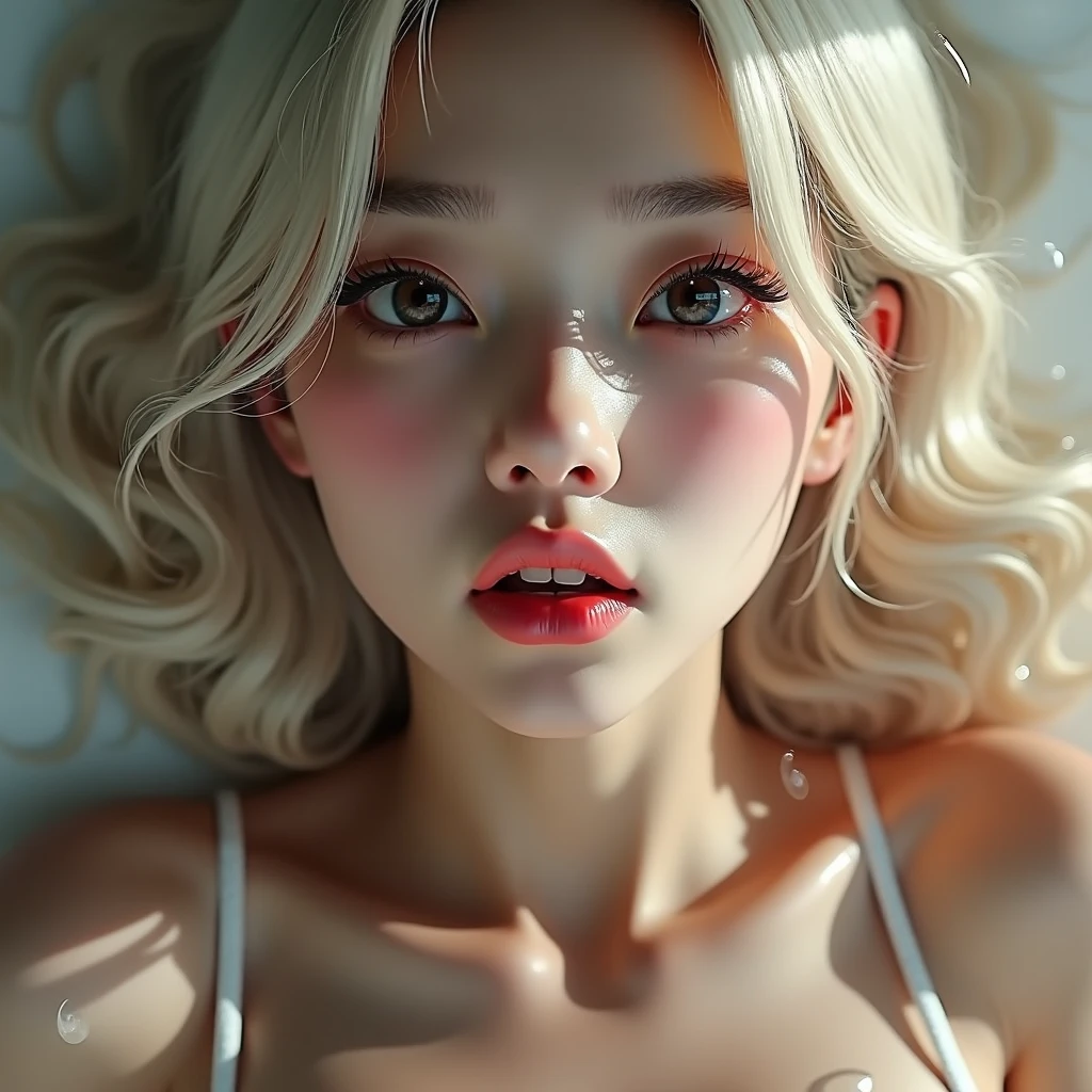 high quality, detailed,a girl with white water drops on her face.she is taking a shower,lots of white water droplets.(at night:2.0),green eyes.she is 13 years old japanese bitch office lady,prostitute,she has a mole under her eye,(((smallest breasts:1.2))),(wearing white business shirt),((wearing black jacket and black bra:1.2)),blunt bangs,((blonde wavy hair,very wet hair and wet face,shiny face)),slender,nipples,temptation,((lying down on the bed:1.2))
((she opens her mouth wide,her cheeks are very red))smile
(selfish:1.4,fisheyes lens)