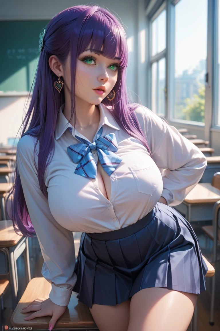 purple hair, purple eyes, blush, old, choker, neckline, Closed mouth, clavicle, collared shirt, covered nipples, dress shirt, eyes visible through hair, female, hair over one eye, huge old, outdoor, wide, long sleeves, looking at the viewer, mole, mole on chest, not good, No panties, open clothing, open shirt, shirt, SMILE, Alone, Skirt, Skirt lifting, standing, Upper part of the body, very wide, white shirt, window, NSFW, shaved pussy best quality, 4k, high resolution, Extremely detailed 8K wallpaper, (Masterpiece:1.1), UHD