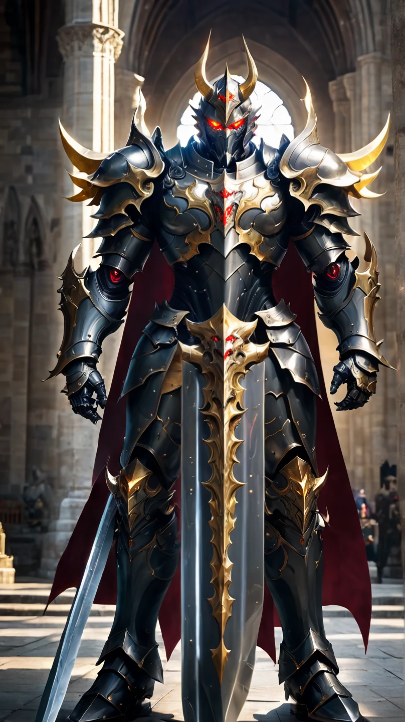 A fearsome and powerful demon in a golden Paladin costume.、 Red Glowing Eyes.Mysterious church、Overwhelming force、 Adult Male. perfect figure .slim and strong body. Knight Commander . Corrupted Knight.Bold composition、 full body image 