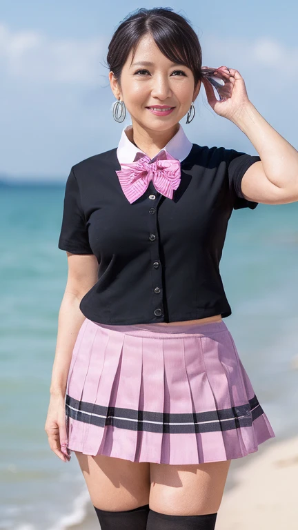 (8K, RAW Photos, Highest quality, masterpiece:1.2), (Realistic, photo-Realistic:1.37), Super detailed,
1 Girl,cute, alone,beautifully,coastal,Are standing,Date,(Red nose),(smile:1.1),(Mouth closed),Large Breasts, seductive smile, Large opening, Professional Lighting, Sony A7R4, Zesse 50mm F1.8,
,Beautiful attention to detail,(Collared shirt:1.1), bow tie,Pleated skirt,(short hair:1.2),Floating Hair ,I have a book,Idol