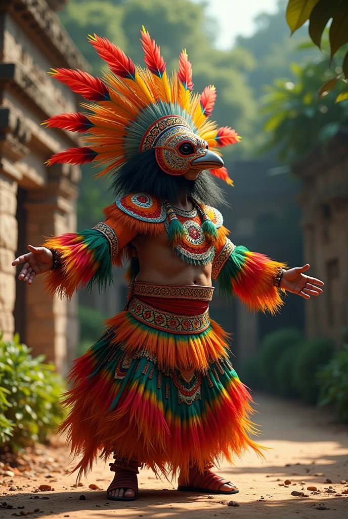 PERSON DRESSED IN HISTLE MECATE CLOTHING TYPE FEATHERS DANCING WEARING A JAGUAR MASK WITH OPEN MOUTH AND OPEN ARMS  
 
