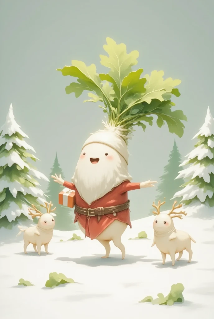 masterpiece:1.2,  highres icon:1.3, (Japanese white radish, cuteJapanese white radish, White Beard, Santa's Red Outfit , carry a present, cute,  it's falling),  Reindeer Clay Anime ,  Santa Claus Village, coniferous forest,  Friendly Illustration