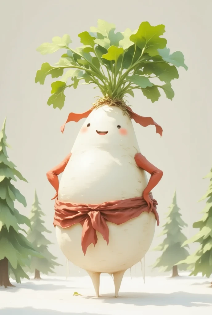 masterpiece:1.2,  highres icon:1.3, (Japanese white radish, cuteJapanese white radish, White Beard, Santa's Red Outfit , carry a present, cute,  it's falling),  Reindeer Clay Anime ,  Santa Claus Village, coniferous forest,  Friendly Illustration