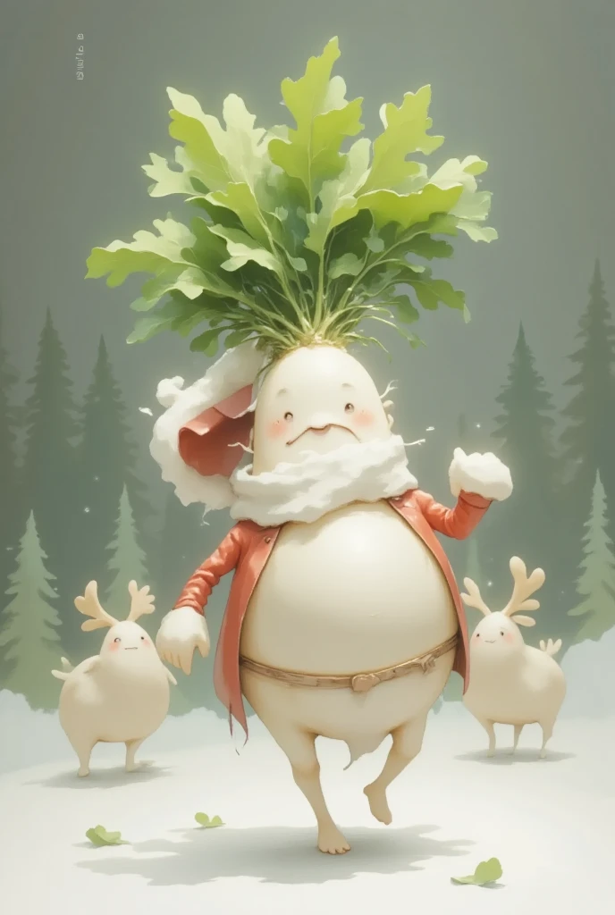 masterpiece:1.2,  highres icon:1.3, (Japanese white radish, cuteJapanese white radish, White Beard, Santa's Red Outfit , carry a present, cute,  it's falling),  Reindeer Clay Anime ,  Santa Claus Village, coniferous forest,  Friendly Illustration