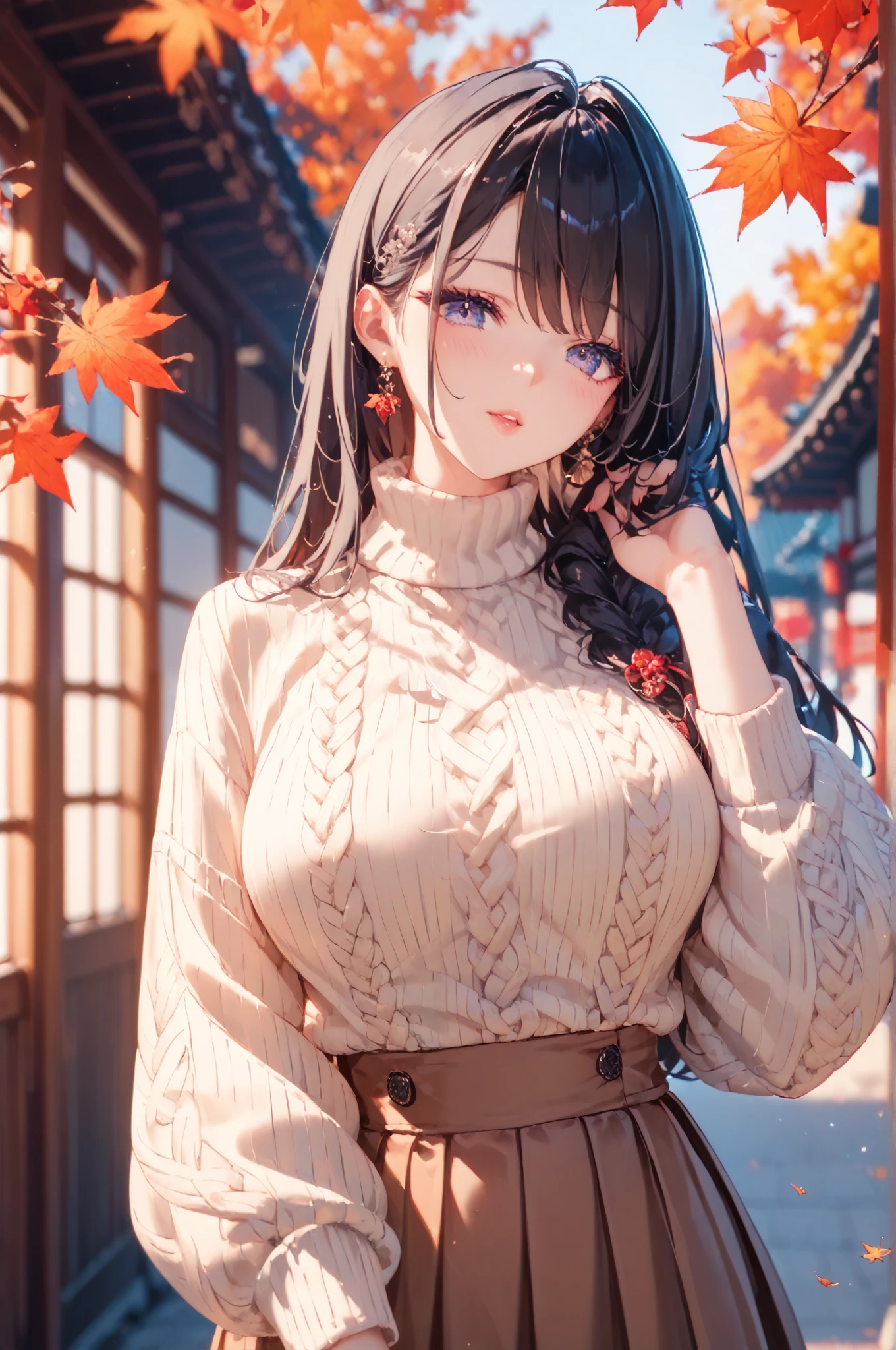  1 girl in uniform,  beautiful Japanese woman　Simply beautiful　 pubic skin　Glossy lips　 Perfect Body 　 black hair, 　 Very Beautiful 　 autumn park　 cm apart　Wavy long hairstyle　 sweater dress 