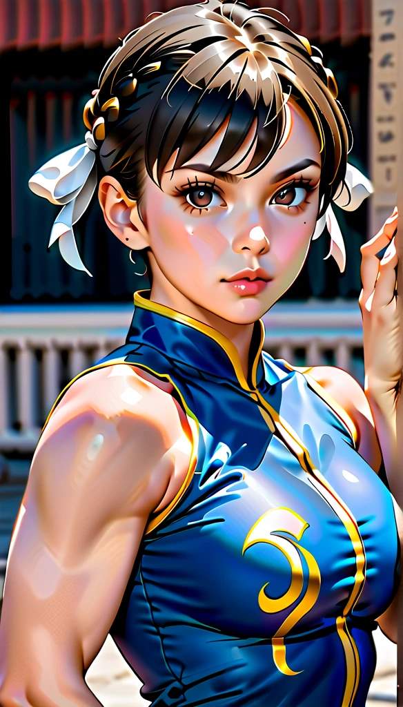 score_9, score_8_up, score_7_up, BREAK, score_9, 1girl, chun-li,street fighter, black hair, brown eyes, eyelashes, short hair, breasts, looking at viewer, standing pose, lips, blue bodysuit, Blue leotard with gold embroidery, blue vest, sleeveless, cowboy shot