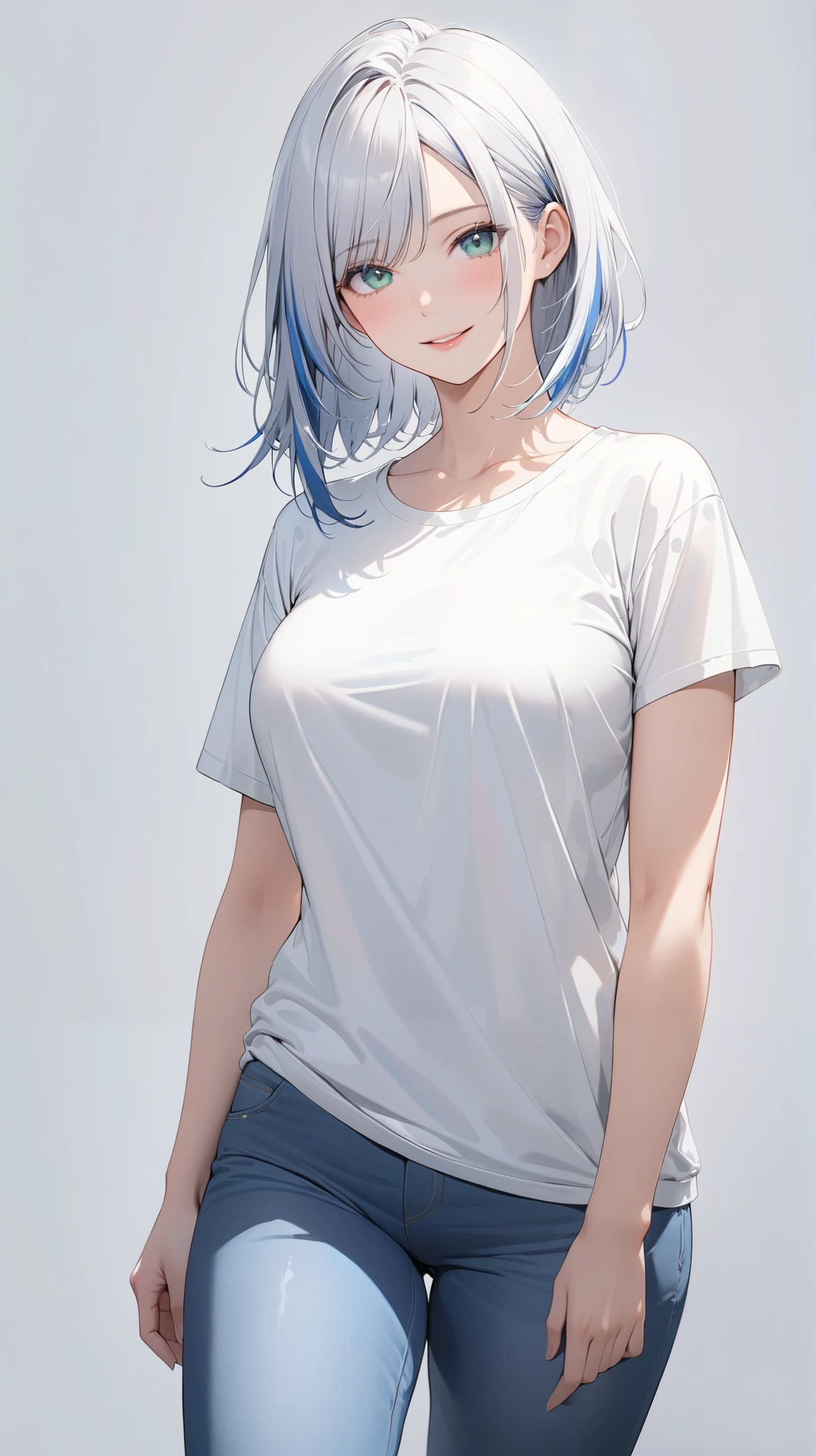 shenhe,((blue hair)), beautiful face,smiling, fit body, moderate breast,sitting on a bed,wearing white sleepwear ,illustration,detailed textures,ultra-detailed(realistic),portrait style,vivid colors,soft lighting.