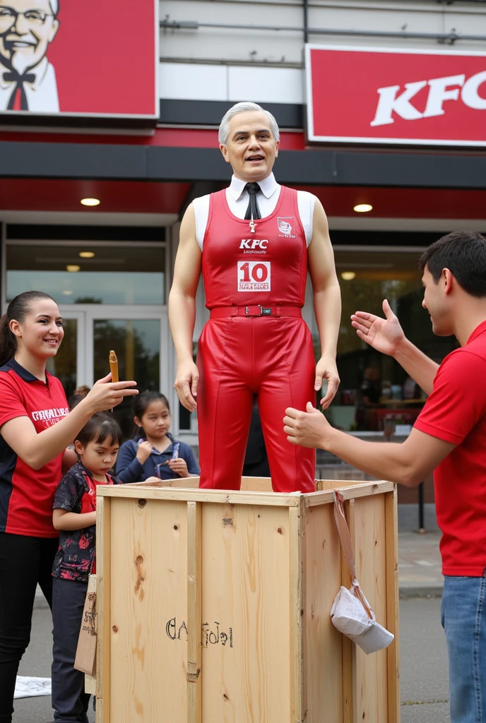 A humorous scene in front of a Kentucky Fried Chicken (KFC) restaurant. A brand-new Colonel Sanders statue is being unpacked from a wooden crate. The wooden crate is placed on the ground, with its lid and packing materials scattered around. The employees are carefully lifting the Colonel Sanders statue out of the box, their faces showing a mix of concentration and amusement. In the background, the iconic KFC restaurant logo and storefront are visible. A few curious onlookers, including a holding a drumstick, watch the scene with fascination, adding to the light-hearted atmosphere.