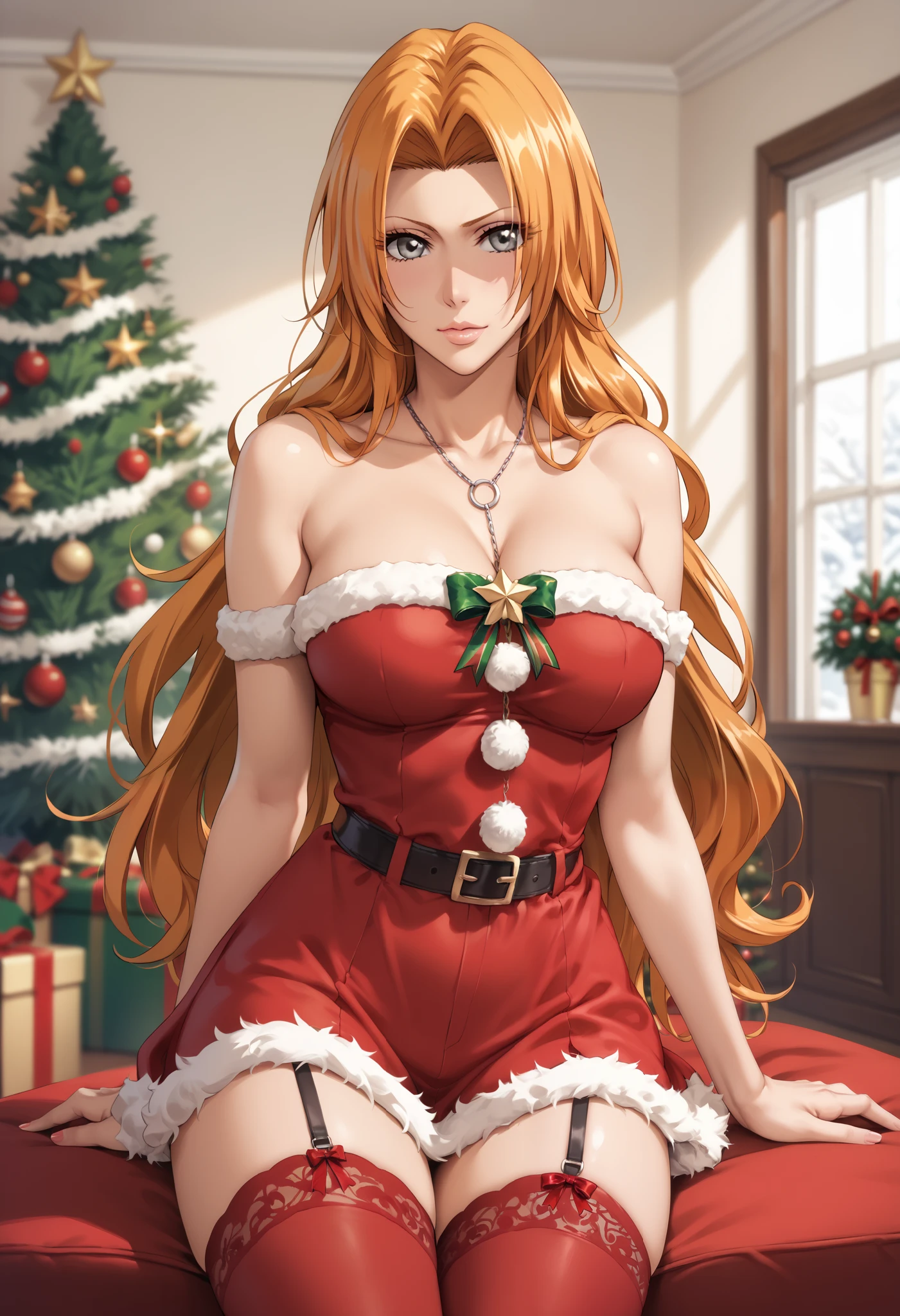 extremely detailed CG, high resolution, best quality, masterpiece, single woman, matsumoto rangiku (bleach), gray eyes, (beautiful detailed eyes: 1.4), orange hair, christmas outfit, bare shoulders, thigh-high stockings, natural pose, christmas tree, indoors