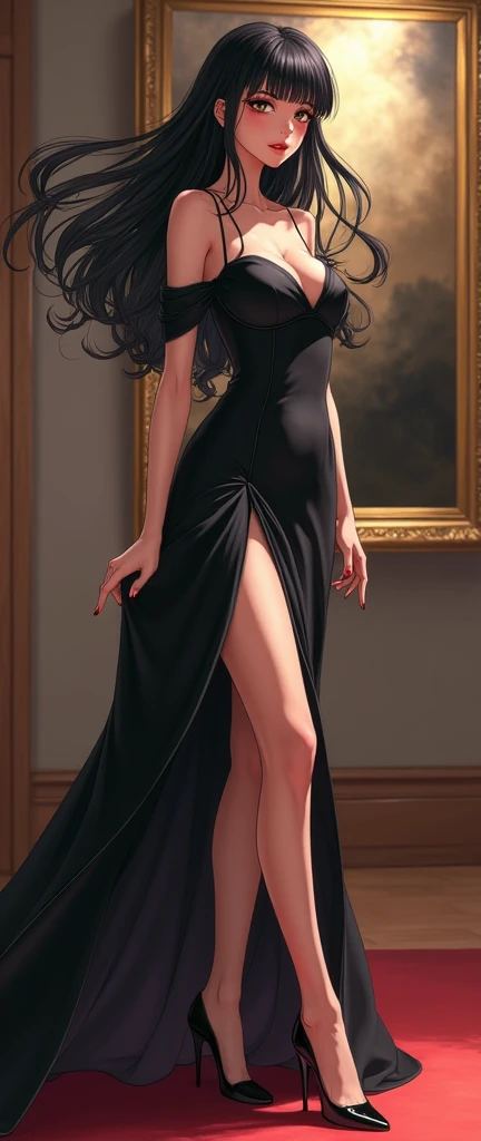 1 Sultry woman 36 years old, Spaniard, with lush hair, Tanned (Bronzed Skin); nice ass, Slim, Attractive, Attractive appearance; big black eyes, long eyelashes, A Discerning Maternal Gaze; Large elastic natural breasts; Too short tight provocative strapless satin dress, black shoes; posing for artists; Full-length photograph from a short distance; Anatomical realism, high quality textures, higly detailed