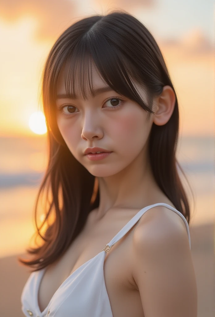 (nsfw)、(18 year old bikini woman: 1.4)、(whole body: 1.4)、(from below: 1.4)、(Ultra-precise human anatomy ,  top quality、 RAW photo、8k、32K、  masterpiece  、 realistic 、 Photorealistic:1.37)、Cute Japanese women images、 Shot in natural light、 1 girl、Photo Mapping、Physically based rendering、 high image quality、 high definition 、1080P、( beautiful face)、(Detailed description of the face)、( Detailed description of the hand setter&#39;Muscle area)、( CG in detail)、 rich details 、( Stunning Features :1.35)、( detail eyes)、 looking forward to your eyes、Delicate clavicle、 various poses 、 Extremely Realistic and Detailed Upper Body Portrait of a Young Woman。The skin is beautiful、  Soft light is reflected in the high part of the cheek  .、 Tiny pores and hair follicles、 You can see even the thinnest blood vessels 。The skin is smooth、natural flushing of cheeks 、Healthy glow。 The eyes are large and clear blue、Her iris has fine patterning、 Light is reflecting and shining in the eye。 There is a slight shadow under her eye 、 Her eyelashes are long and naturally curled。 her lips are soft pink 、Smooth texture with a natural glow、 Slightly reflects light、(white slingshot bikini、shiny skin: 1.5)、Sunset Beach 、 prime time、Extremely realistic and detailed upper body portrait of a young woman with the sunset shining in the sky 、 sunset sky、 The focus is entirely on the face and upper body。 realistic  shadows and textures、 picture-like depiction.。
