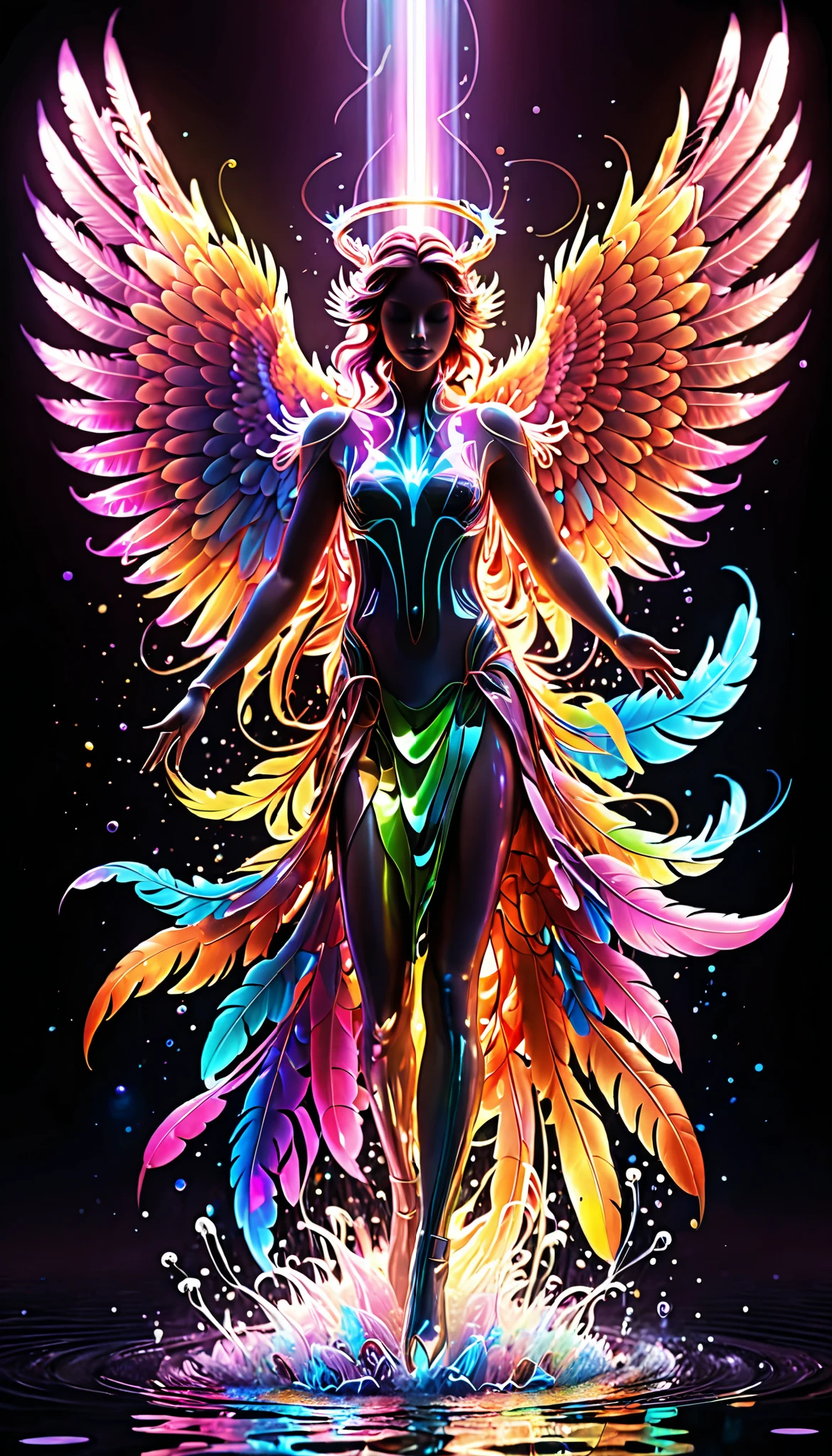 Symmetrical composition,Front view,Right for me, A colorful liquid phoenix rises from the ashes ,There is a halo behind him, creates a rainbow-colored halo around the head , creates a rainbow-colored halo around the head ,transparent, on a black background {x} shows the color and shimmering effect of neon lights on a black background, in the style of digital art and fantasy art ,Levitation in space,Stretch your wings,Pink、White、 blue、Green、、Purple、orange color、 iridescent color scheme ,feathers fluttering,Flames erupt from behind , sparkles like a jewel , shines like a star or planet 。 The scene is illuminated by bright lights , creates a mysterious and magical atmosphere ,The texture of the water,CG Art,OC Rendering, Octane Rendering , front view,