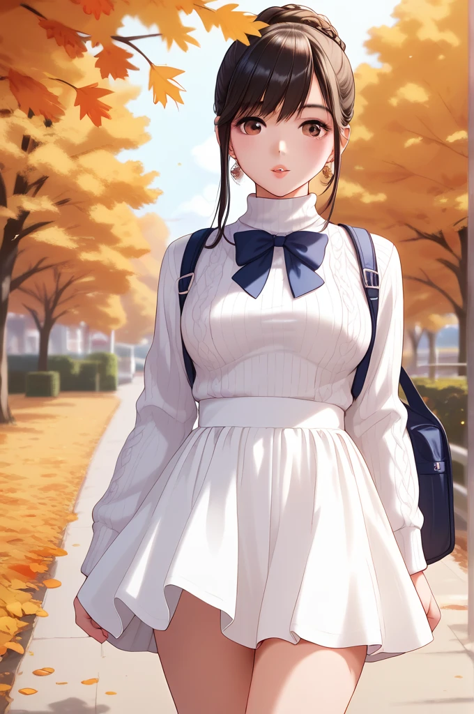  1 girl in uniform,  beautiful Japanese woman　So cute　 pubic skin　Glossy lips　 Perfect Body 　 black hair, 　 Very Beautiful 　 autumn park　 cm apart　Hairstyle Wavy Long　 WHITE SWEATER DRESS 