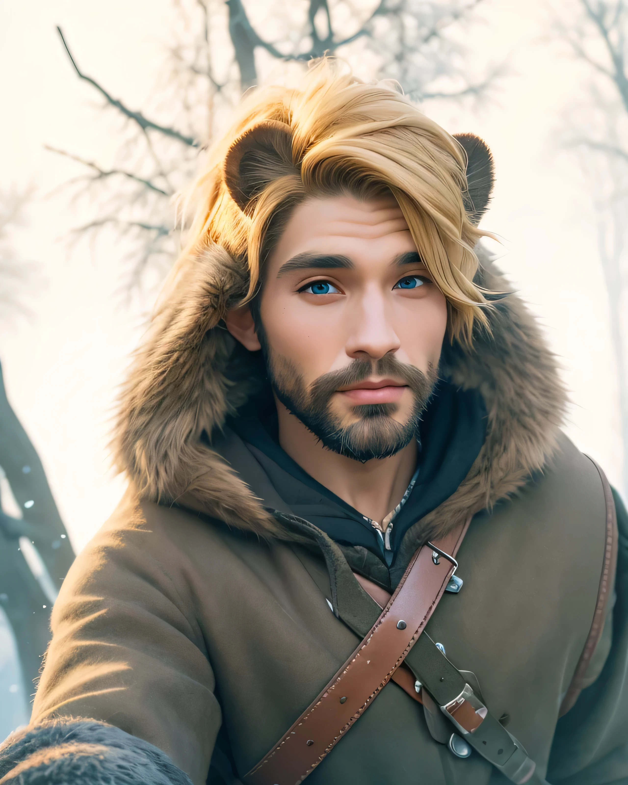 there is a man with a furry hood on taking a selfie, profile image, profile picture, profile shot, headshot profile picture, profile photo, profile pic, wild hairstyle, fur hood, reddit post, wearing hood, using dead lion costume jacket, furry mawshot, wearing a hood, with a beard and a black jacket, sayem reza,HD, (Best Detail), (Best Quality), Zelda, Relic, Joy, Masterpiece, Best Quality, High Resolution, Relic, Forest, Elf Ears, ((Blonde Hair))