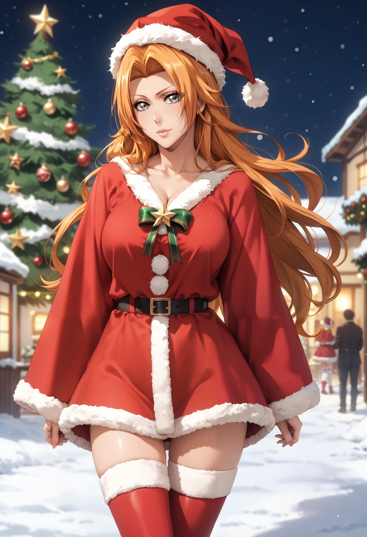 extremely detailed CG, high resolution, best quality, masterpiece, single woman, matsumoto rangiku (bleach), gray eyes, (beautiful detailed eyes: 1.4), orange hair, christmas outfit, christmas hat, thigh-high stockings, natural pose, christmas tree, outdoors