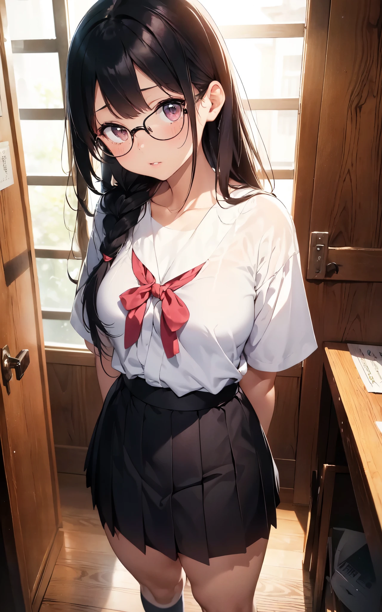 (((masterpiece,Highest Resolution,4K High Resolution,Crisp image quality:)Pussy juice((Beautiful black hair braids,Glasses,)(Beautiful big ,Beautiful nipples,Teaching books,Blushing and embarrassed,Spread your legs wide in an M shape,)(lipstick),Pubic hair,Tight Skirt,Fishnet tights,sweater,,(((,Showing pussy dilated with a Cusco dilator:1.5))
