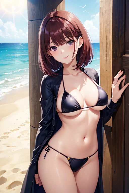 ((masterpiece)),(Highest quality),Official Art,Highly detailed CG,unity 8k wallpaper,Super detailed,Lighthouse on top of a cliff by the sea,One girl,一人in,Cowboy Shot,brown_hair,Dark Skin,Sunburn,School_Swimwear,brown_eye,smile,short_hair,Looking_in_Audience,blush,short_ponytail,Completely naked, ,((nsfw))