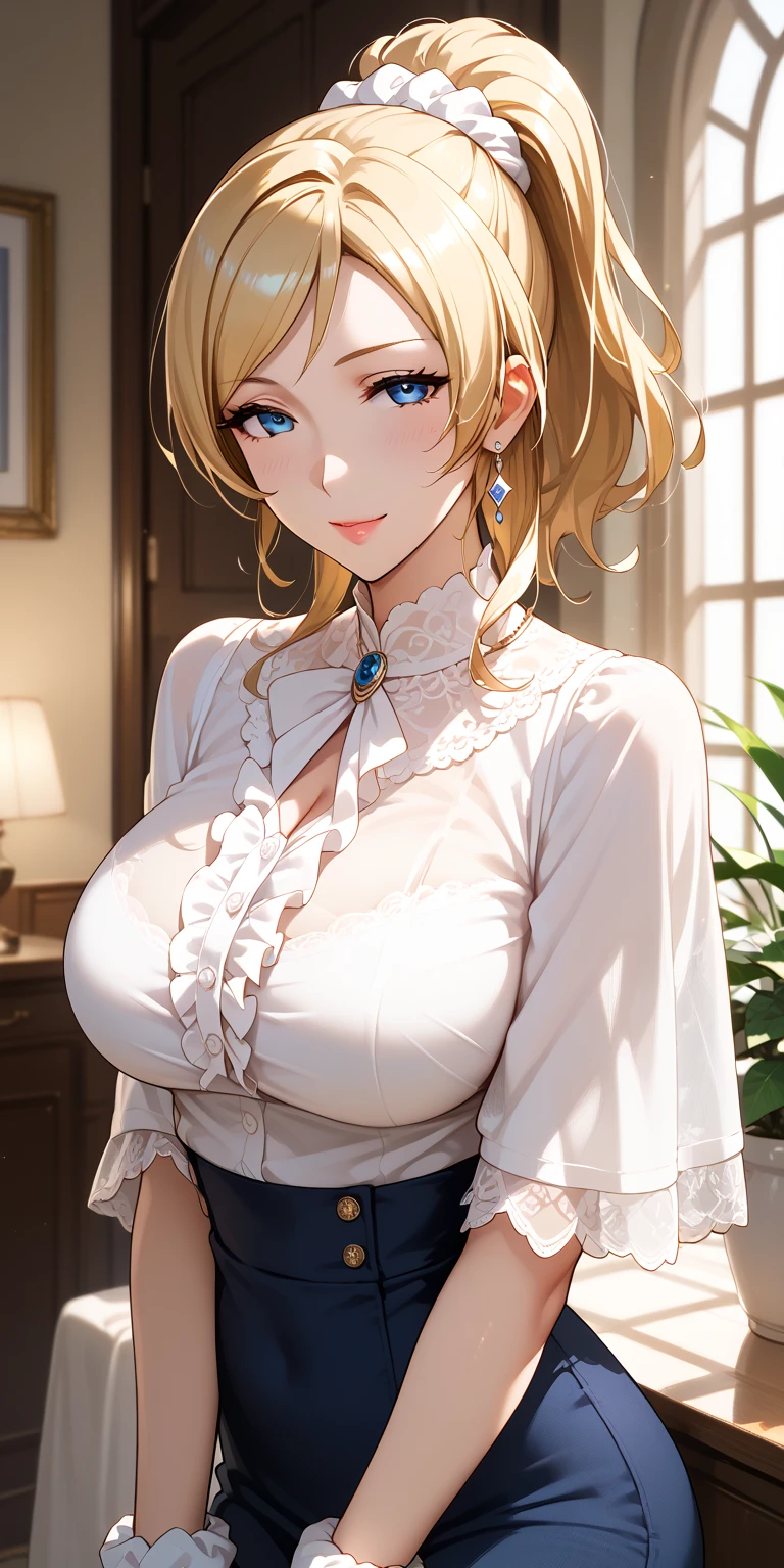 Score_9, Score_8_up, Score_7_up, Source_anime, anime art, anime style, very aesthetic, masterpiece, high quality, 1girl, seductive mature woman, milf, curvaceous, lovelive_eli, white blouse, large breasts, blonde hair, swept bangs, ponytail, white scrunchie, blue eyes