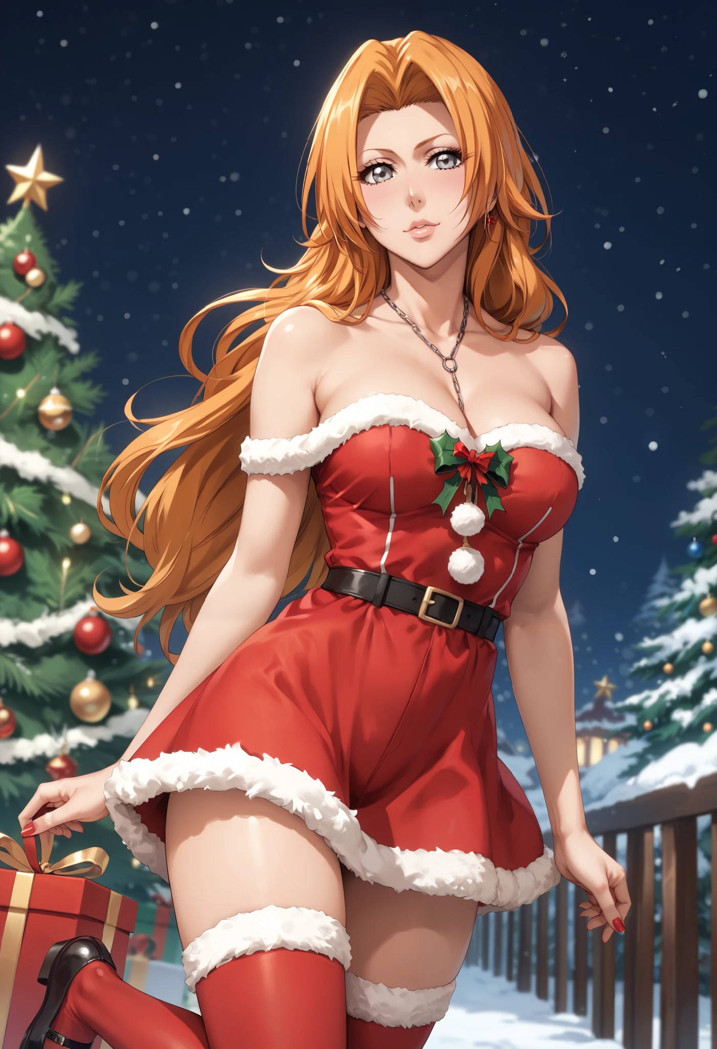 extremely detailed CG, high resolution, best quality, masterpiece, single woman, matsumoto rangiku (bleach), gray eyes, (beautiful detailed eyes: 1.4), orange hair, christmas outfit, bare shoulders, thigh-high stockings, natural pose, christmas tree, outdoors