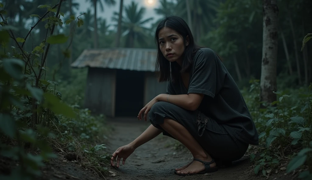 ((realistic photo)) A 19-year-old beautiful girl with a worried expression, squatting near a simple hut made of wooden materials, wearing worn and dirty black batik clothes and a tattered black skirt. The girl is in the middle of a dense forest, her posture and gesture showing that she is searching for something, surrounded by the natural wilderness. The forest environment is alive with shadows of trees and bushes under the night sky, with soft moonlight filtering through the canopy, casting realistic, soft shadows. The lighting is natural, with detailed textures on the girl’s clothes and the surrounding forest floor, creating a sense of urgency and tension. The image should capture the high resolution and vivid details of the scene, with a focus on her anxious expression, the contrast between her clothes and the lush, dark greenery of the forest. The shot should be a medium shot, with a slight low angle to emphasize her interaction with the environment. The camera should use a 35mm lens to capture both the subject and the background in clear, detailed focus, creating a natural and immersive scene with realistic textures and lighting. The image should be captured in 8K resolution for extreme detail, providing an ultra-realistic appearance with soft natural lighting and sharp focus on every element in the scene.