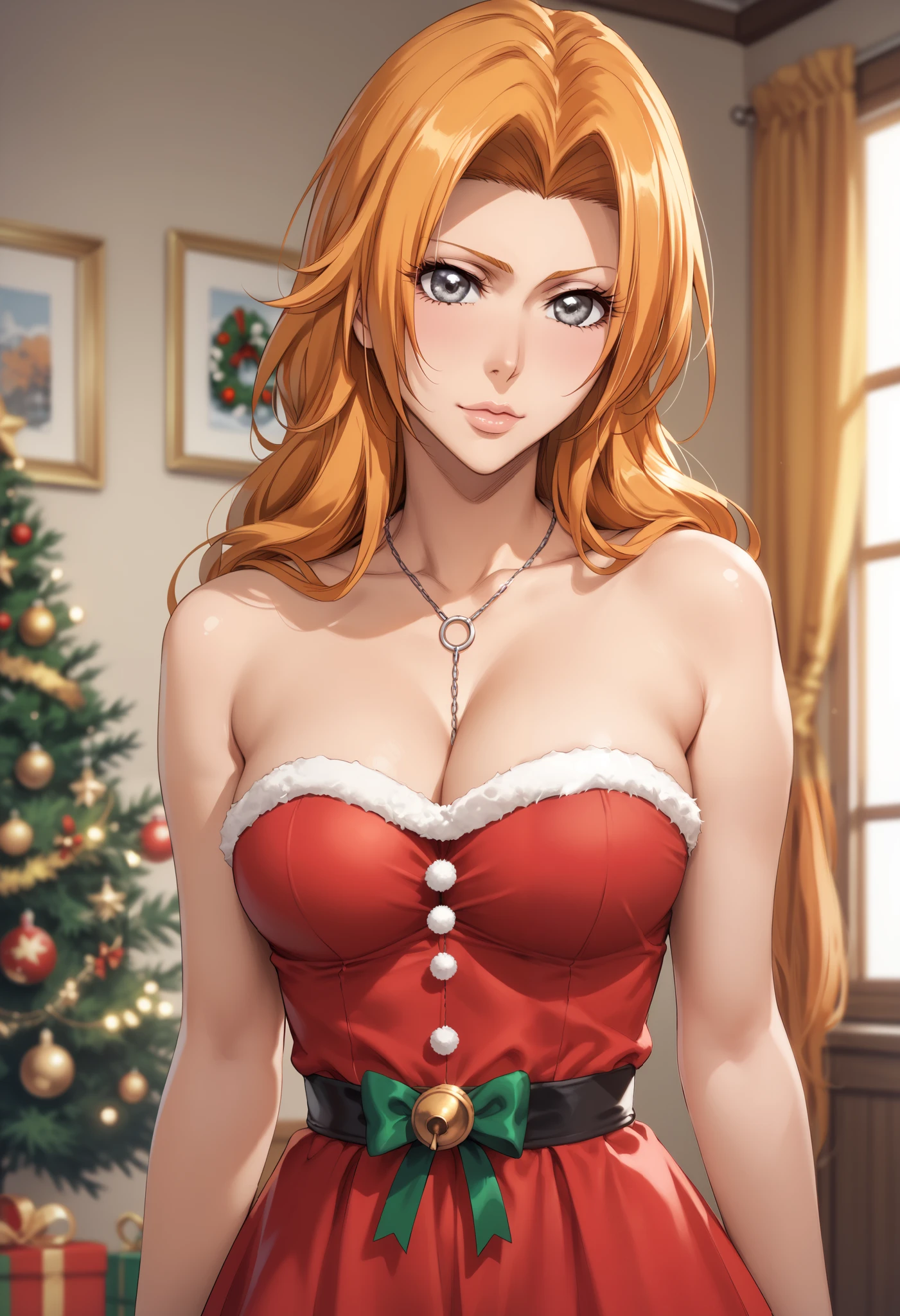 extremely detailed CG, high resolution, best quality, masterpiece, single woman, matsumoto rangiku (bleach), gray eyes, (beautiful detailed eyes: 1.4), orange hair, christmas pijama, slim waist, natural pose, indoors