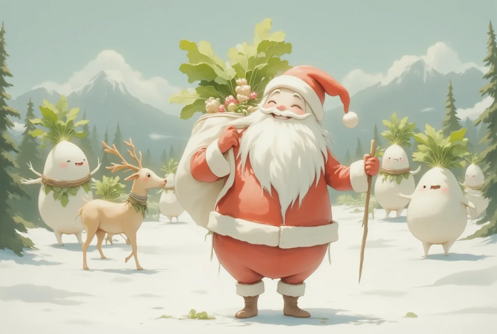 masterpiece:1.2,  highres icon:1.3, (Japanese white radish, cuteJapanese white radish, There are many, White Beard, Santa's Red Outfit , Carrying presents , cute,  it's falling),  reindeer, Clay animation,  Santa Claus Village, Vision, Shooting from the sky, coniferous forest,  gentle illustration