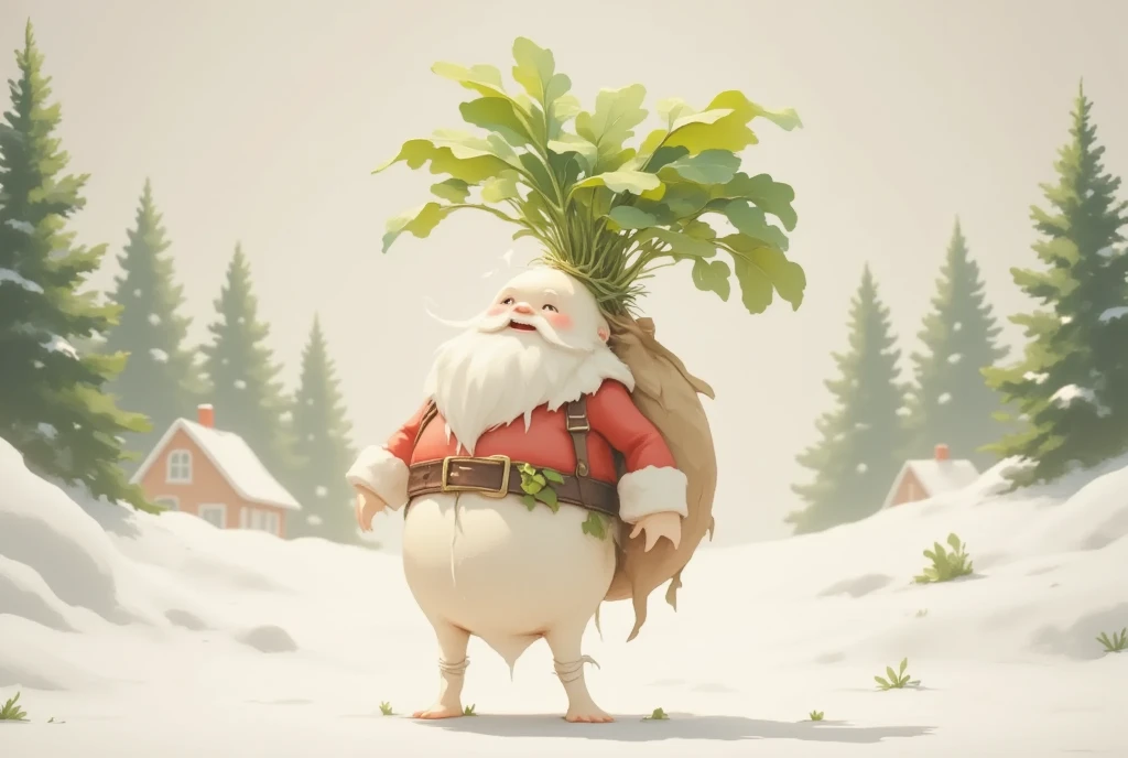 masterpiece:1.2,  highres icon:1.3, (Japanese white radish, cuteJapanese white radish, There are many, White Beard, Santa's Red Outfit , Carrying presents , cute,  it's falling),  reindeer, Clay animation,  Santa Claus Village, Vision, Shooting from the sky, coniferous forest,  gentle illustration