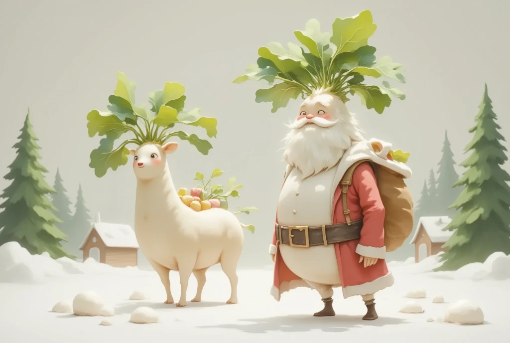 masterpiece:1.2,  highres icon:1.3, (Japanese white radish, cuteJapanese white radish, There are many, White Beard, Santa's Red Outfit , Carrying presents , cute,  it's falling),  reindeer, Clay animation,  Santa Claus Village, Vision, Shooting from the sky, coniferous forest,  gentle illustration