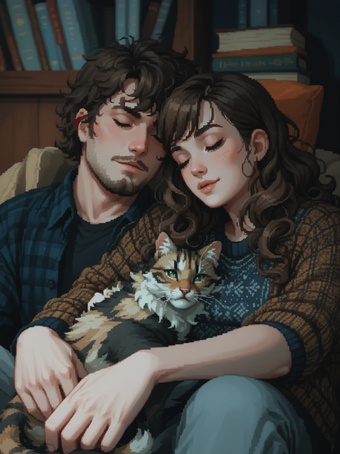 create a 8-bit pixel art cartoon of "A cozy and intimate scene featuring a young couple relaxing indoors with their cat. The man has curly hair, a beard, and wears a plaid shirt, while the woman has long wavy hair with bangs, wearing a patterned sweater. They are leaning their heads together with closed eyes, exuding peace and affection. In their arms rests a fluffy tabby cat, also peacefully asleep. The warm and relaxed atmosphere is complemented by a background filled with books and shelves, adding a homey feel to the setting.