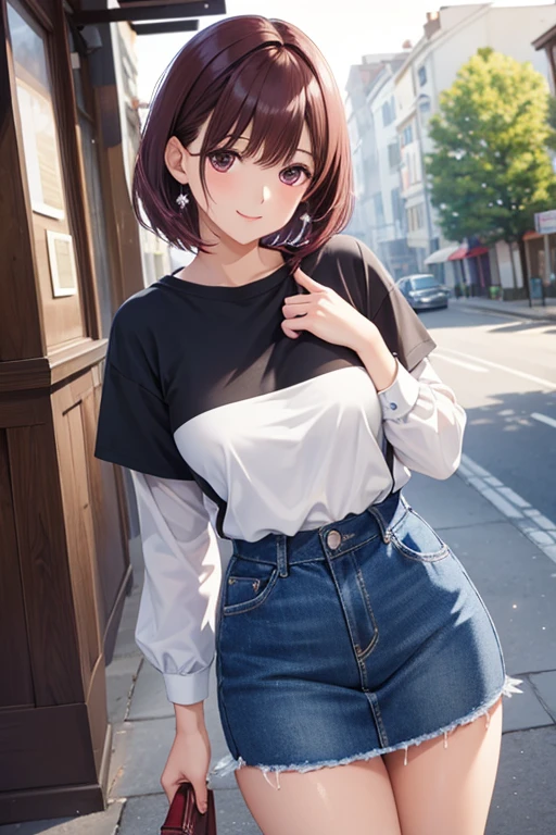 A 30 year old anime woman, short hair, pink eyes, medium chest, athletic body, dressed in a small light blue blouse, blue jeans, posing in a garden of plants