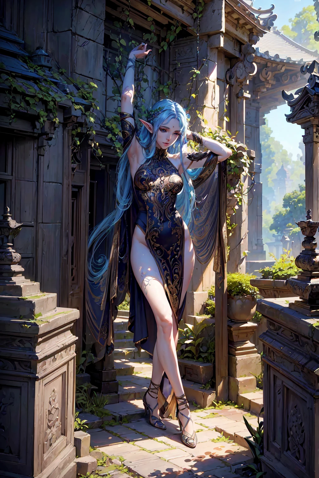 Elf Woman, sitting on a rock by the lake, long blue hair, Beautiful skin, perfect figure, waterfalls, high grass, the night, a big moon, Hyper-realistic, hiquality, 8 k, fantasy, Artstation