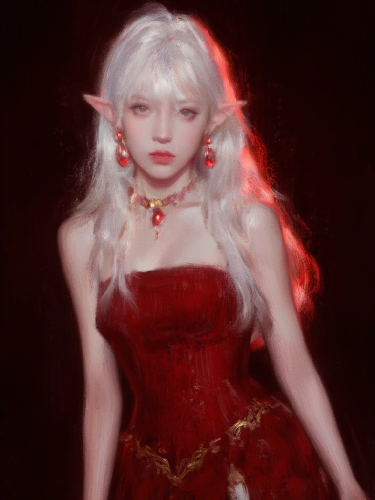 Image is a digital painting featuring a fantasy character with an ethereal appearance. The subject is a female figure with elongated, pointed ears and long, flowing white hair that cascades down her back. Her skin is pale, and she has striking, angular facial features. She is adorned with elaborate jewelry, including a necklace and earrings, all featuring red gemstones. Her attire consists of a red, strapless top and a matching skirt, both embellished with gold accents. The background is a dark, shadowy gradient, enhancing the dramatic lighting that casts a warm, red glow over the character, creating a mystical and enchanting atmosphere.