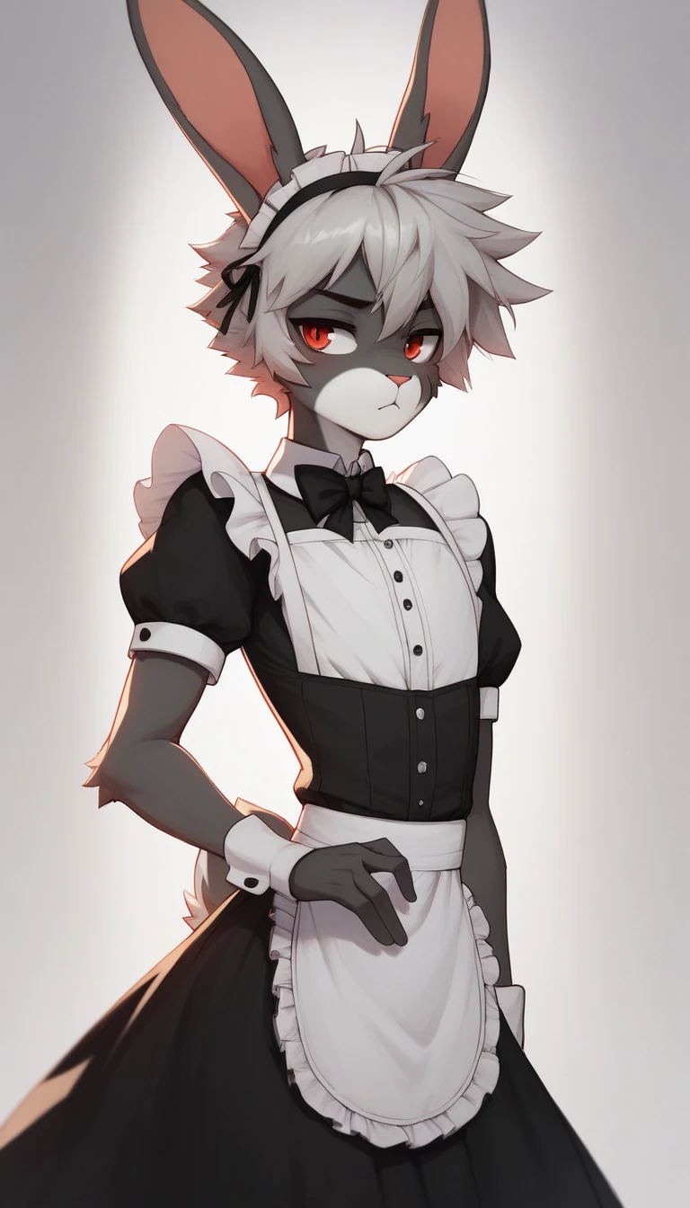 work of art, perfect, highy detailed, (small hibryd anthro cat femboy), fluffy black fur, ((blue colored eyes)), ((1))rabo de gato fluffly, short white hair, tiny chest, (CUTE CAT Ears), Wearing a collar, pelos pretos nas coxas e virilha fluffly, White silk gloves, silk white thigh socks, wearing a grayish-black snout, True muzzle, god of eyes, detailed coat, rabo de gatinho fluffly preto, detailed grout, furry, femboy, ,fluffly,black collar with bell, white maid dress, dominant pose, , TURNED ON YOUR BACK, showing the back,