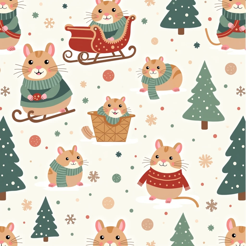 Pattern1,A whimsical 2D illustration in a decorative, pattern-like style. Features a cozy winter-themed scene with charming hamsters in festive outfits, surrounded by snowy forest landscapes. Each element, such as the hamsters, baskets, sleighs, and moonlit trees, is stylized with simple, repetitive motifs and soft pastel colors. The design is formatted in a neat, organized layout, giving it the feel of a seamless decorative pattern.