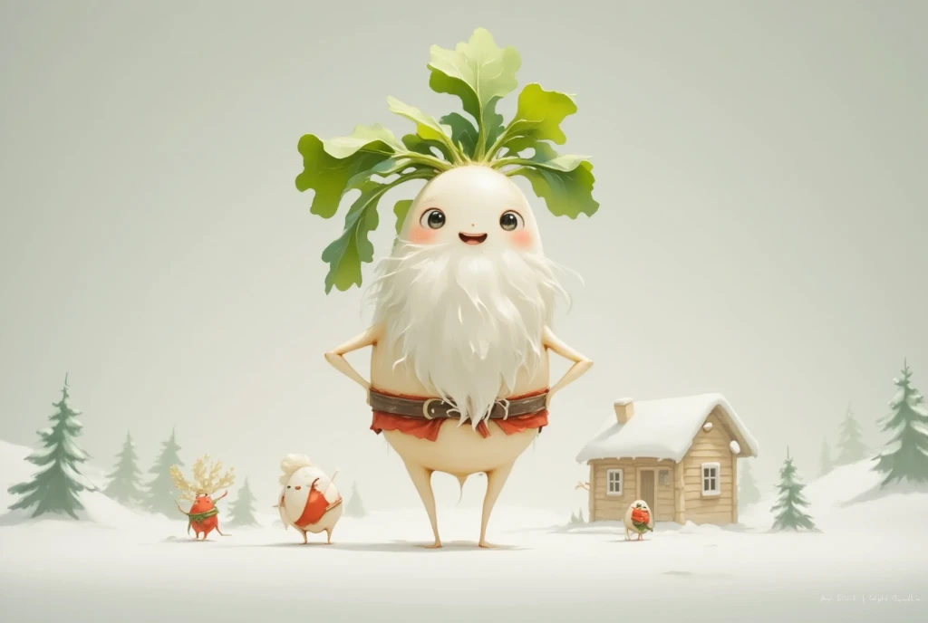 masterpiece:1.2,  highres icon:1.3, (Japanese white radish, cuteJapanese white radish,  lots of little Santa Claus, White Beard, Santa's Red Outfit , Carrying presents , cute,  it's falling),  reindeer, Clay animation,  Santa Claus Village, Miniature-like log house , Vision, Shooting from the sky, coniferous forest,  gentle illustration