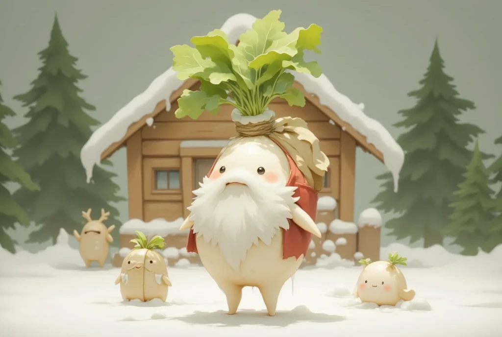 masterpiece:1.2,  highres icon:1.3, (Japanese white radish, cuteJapanese white radish,  lots of little Santa Claus, White Beard, Santa's Red Outfit , Carrying presents , cute,  it's falling),  reindeer, Clay animation,  Santa Claus Village, Miniature-like log house , Vision, Shooting from the sky, coniferous forest,  gentle illustration