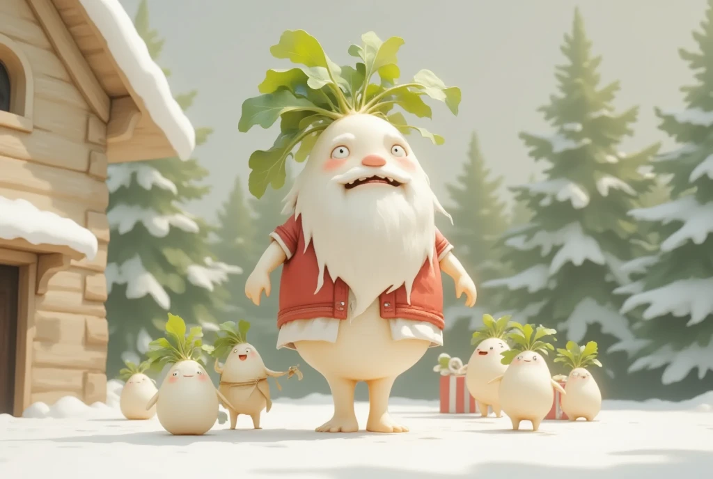 masterpiece:1.2,  highres icon:1.3, (Japanese white radish, cuteJapanese white radish,  lots of little Santa Claus, White Beard, Santa's Red Outfit , Carrying presents , cute,  it's falling),  reindeer, Clay animation,  Santa Claus Village, Miniature-like log house , Vision, Shooting from the sky, coniferous forest,  gentle illustration