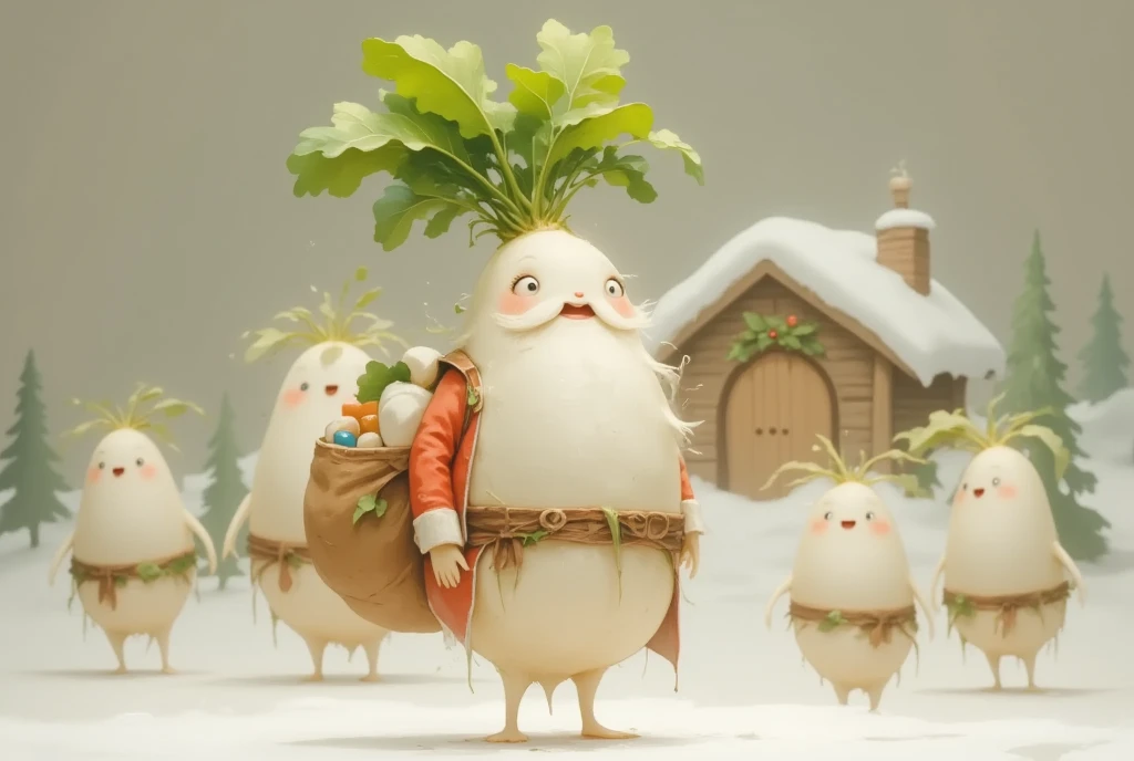 masterpiece:1.2,  highres icon:1.3, (Japanese white radish, cuteJapanese white radish,  lots of little Santa Claus, White Beard, Santa's Red Outfit , Carrying presents , cute,  it's falling),  reindeer, Clay animation,  Santa Claus Village, Miniature-like log house , Vision, Shooting from the sky, coniferous forest,  gentle illustration