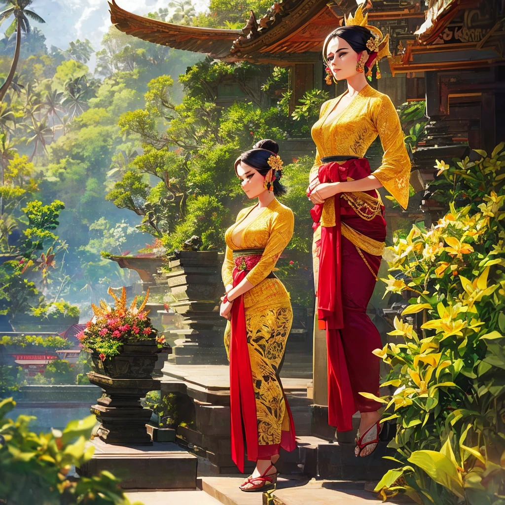 A young Balinese woman wearing a vibrant red kebaya adorned with intricate golden embroidery. She stands gracefully, wearing a kamen with traditional Balinese motifs and a golden sabuk prada around her waist. Her hair is styled in an elegant bun, decorated with fresh frangipani flowers. The backdrop features a serene Balinese temple surrounded by lush greenery