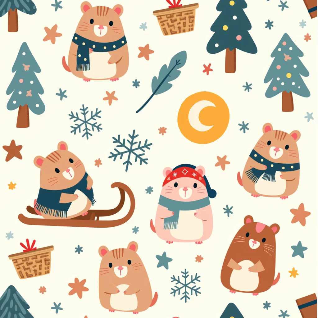 Pattern2,A whimsical 2D illustration in a decorative, pattern-like style. Features a cozy winter-themed scene with charming hamsters in festive outfits, surrounded by snowy forest landscapes. Each element, such as the hamsters, baskets, sleighs, and moonlit trees, is stylized with simple, repetitive motifs and soft pastel colors. The design is formatted in a neat, organized layout, giving it the feel of a seamless decorative pattern.