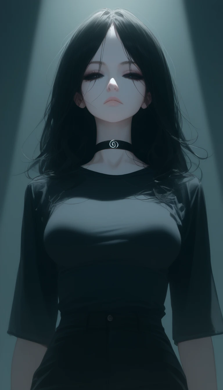 score_9,score_8_up,score_7_up,supermodel,dol,innocence,visual storytelling,dynamic composition,realistic,
1girl,adult,tall female,long black hair,black eyes,small eyes,dark circles under eyes,expressionless,(half-closed eyes:1.2),medium breasts,standing,pale skin,black tank top,tilted shirt,black shorts, black choker
close up,face focus,red tone,light leaks,cinematic lighting,deep glow effect,depth of field,horror \(theme\)