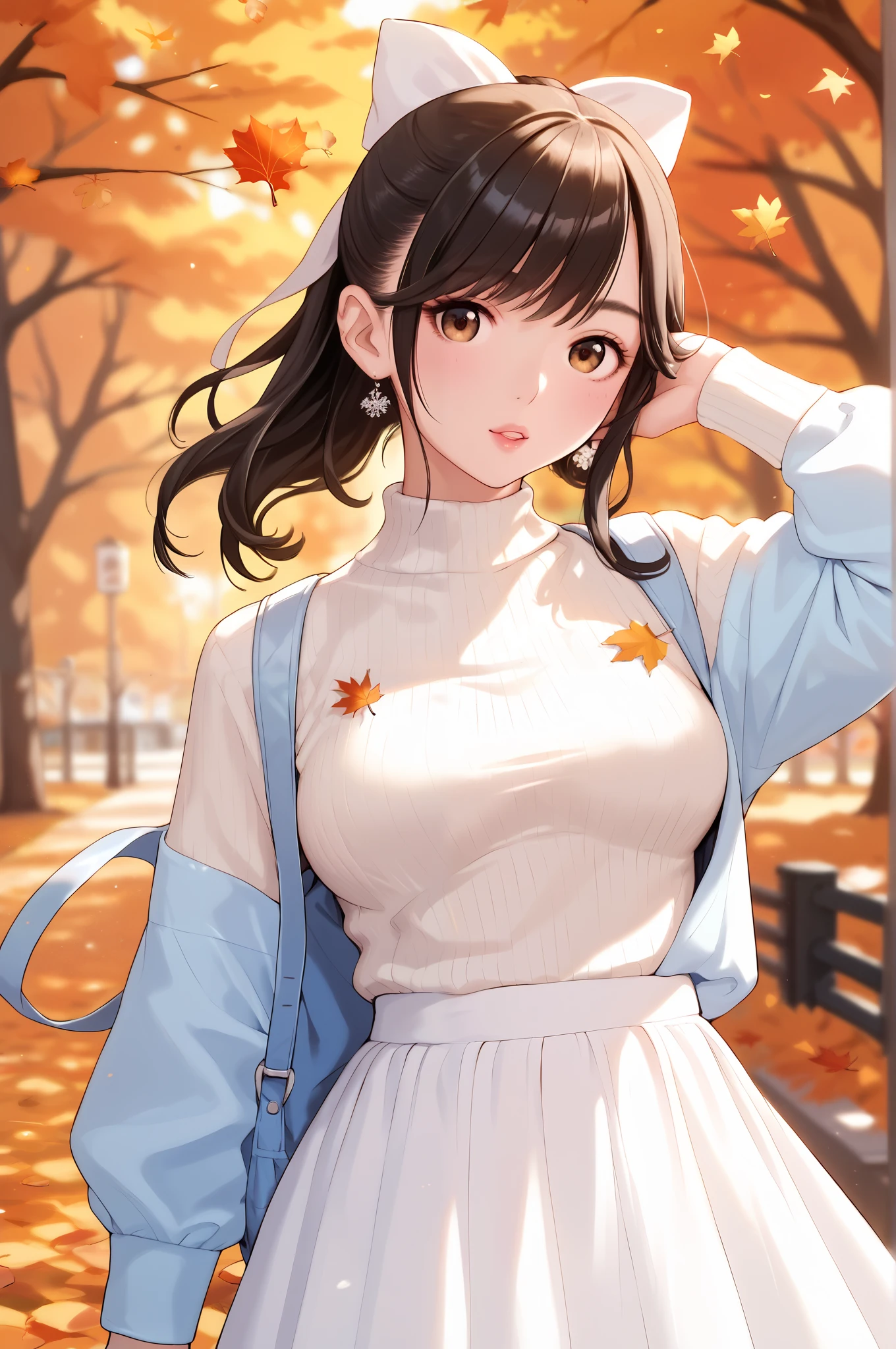  1 girl in uniform,  beautiful Japanese woman　So cute　 pubic skin　Glossy lips　 Perfect Body 　 black hair, 　 Very Beautiful 　 autumn park　 cm apart　Hairstyle Wavy Long　 WHITE SWEATER DRESS 