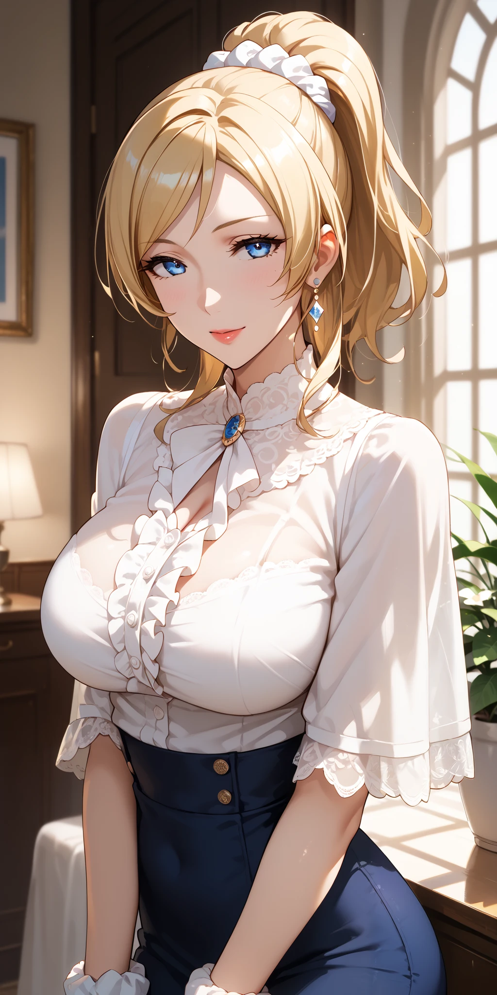 Score_9, Score_8_up, Score_7_up, Source_anime, anime art, anime style, very aesthetic, masterpiece, high quality, 1girl, seductive mature woman, milf, curvaceous, lovelive_eli, white blouse, large breasts, blonde hair, swept bangs, ponytail, white scrunchie, blue eyes