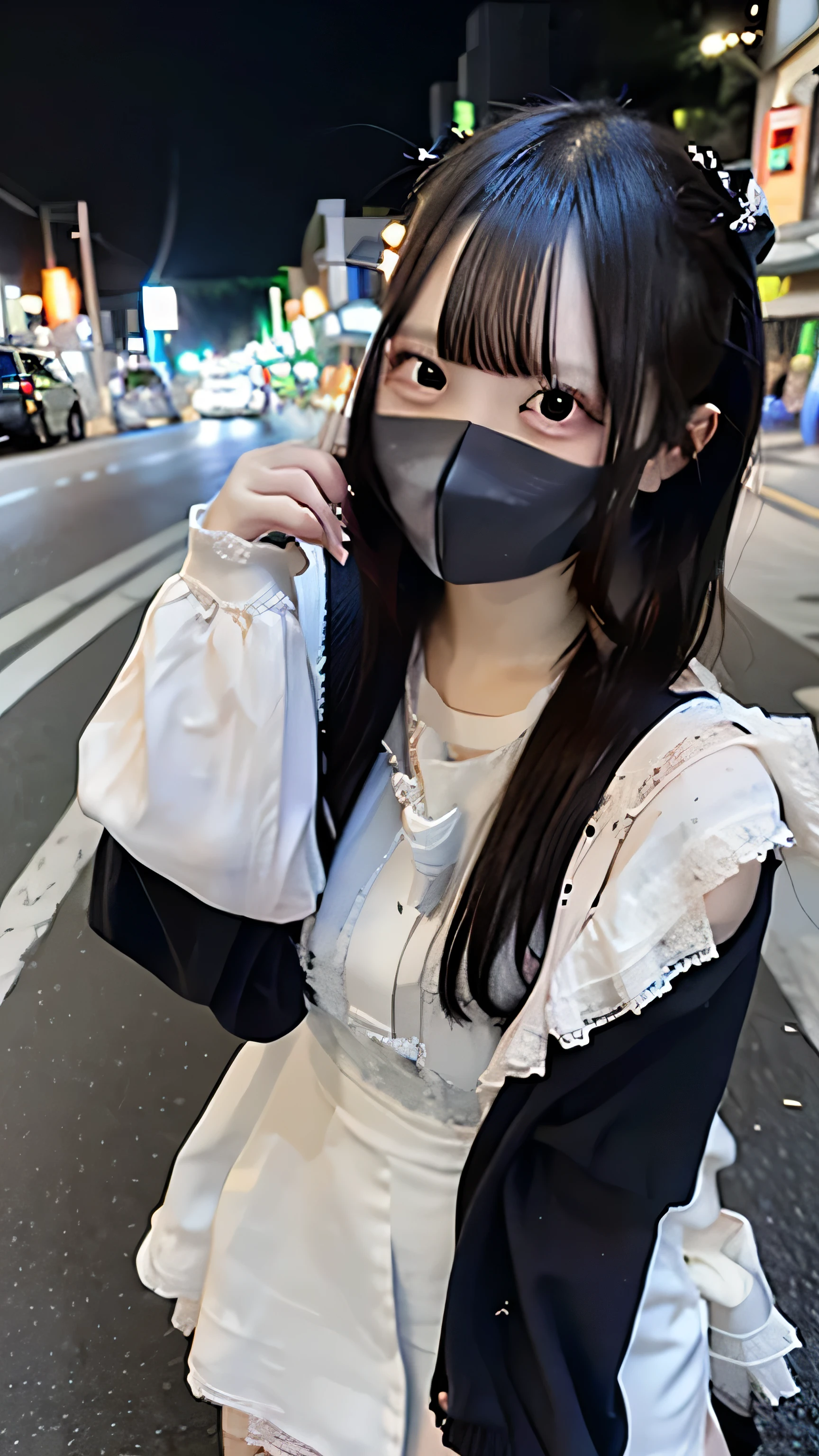 A girl wearing a black tight mini skirt, a short white shirt revealing an occasional panty flash, and a mask. She is standing alone in Tokyo street at night, with the city lights illuminating the urban landscape. The girl is fully depicted in an LGBTQ+ style, radiating happiness with a smile on her face. The image should be (8K, high resolution) and captured in real-life, providing the best quality and artistic masterpiece (1.2) with a touch of photorealism (1.37) and brilliance of a masterpiece (1.5).