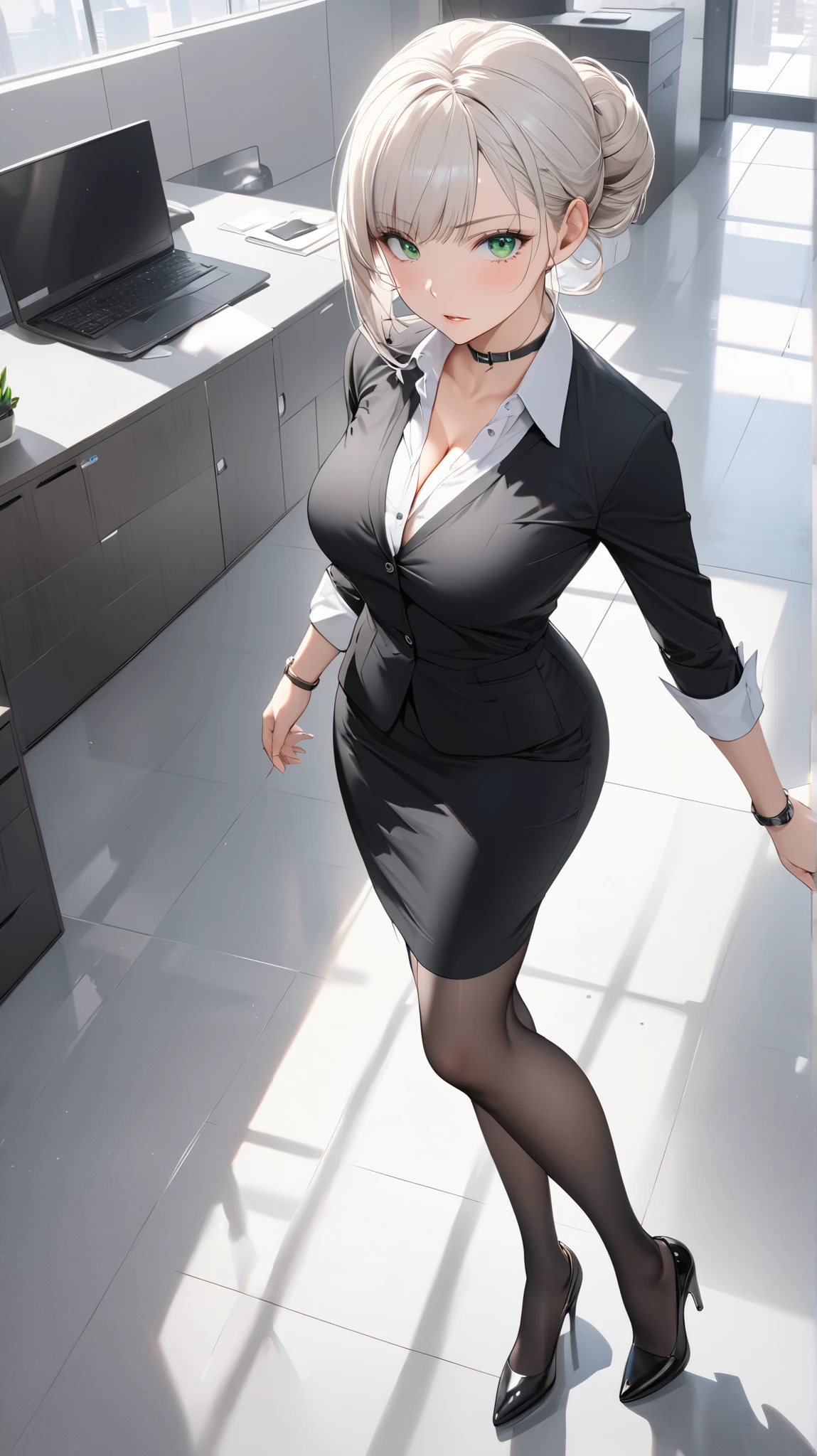full body display, face details,semi realistic, Masterpiece, Master work, perfect , 4k, 1woman, office lady, mature body, medium size breast, single chignon hair style, flat Bangs hair style, white colored hair, bright green eyes, serious expression face, parted lips, wearing white buttoned shirt, cleavage, collar, collarbone, wearing red lanyard, wearing short pencil skirt, wearing black stocking, walking pose, inside office room, ultrasharp, 8K, masterpiece, (masterpiece), best quality, expressive eyes, perfect face