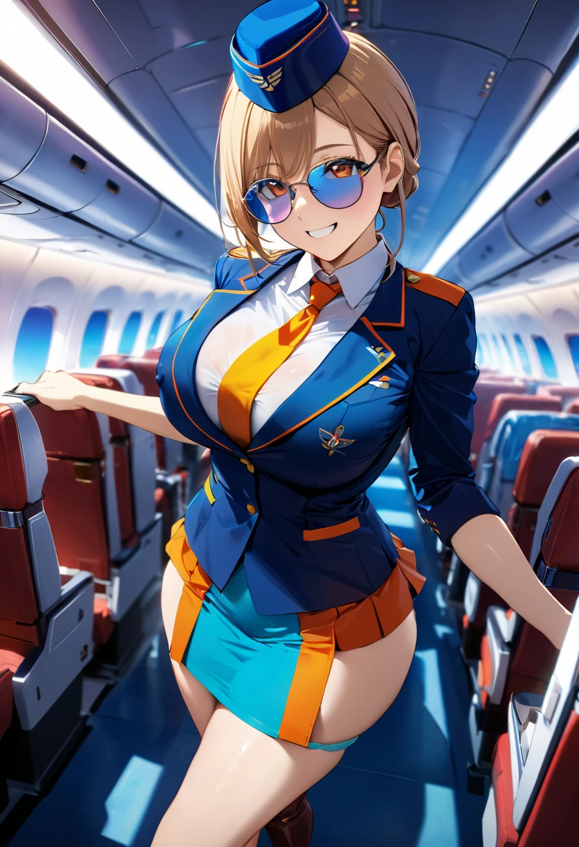 masterpiece,best quality,ultra detailed,8K,super fine illustration,highly detailed beautiful face and eyes,perfect anatomy,professional lighting,1 flight attendant,microskirt and boots uniform, big breast, cyan panties, covered nipples, ligth brown eyes, orange and blue dress, blue cap, galsses, smile,airplane interior,dynamic angle,depth of field,chromatic_aberration,masterpiece,best quality,very aesthetic,absurdres,newest,