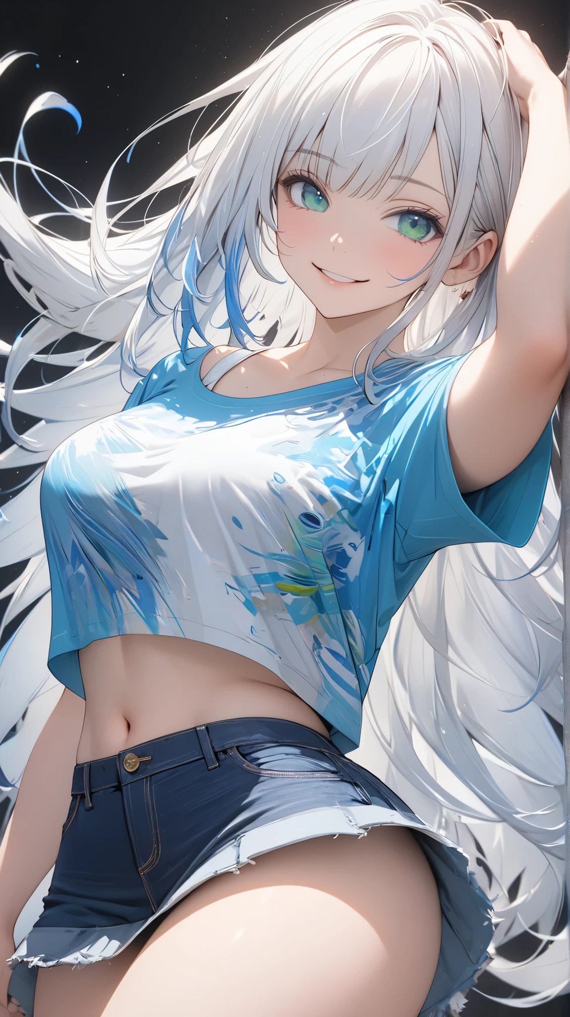 pretty,sexy,wind,unbuttoned,white hair,ponytail,blue clothes,Blue Eyes,Adult,busty,skirt,breasts visible
