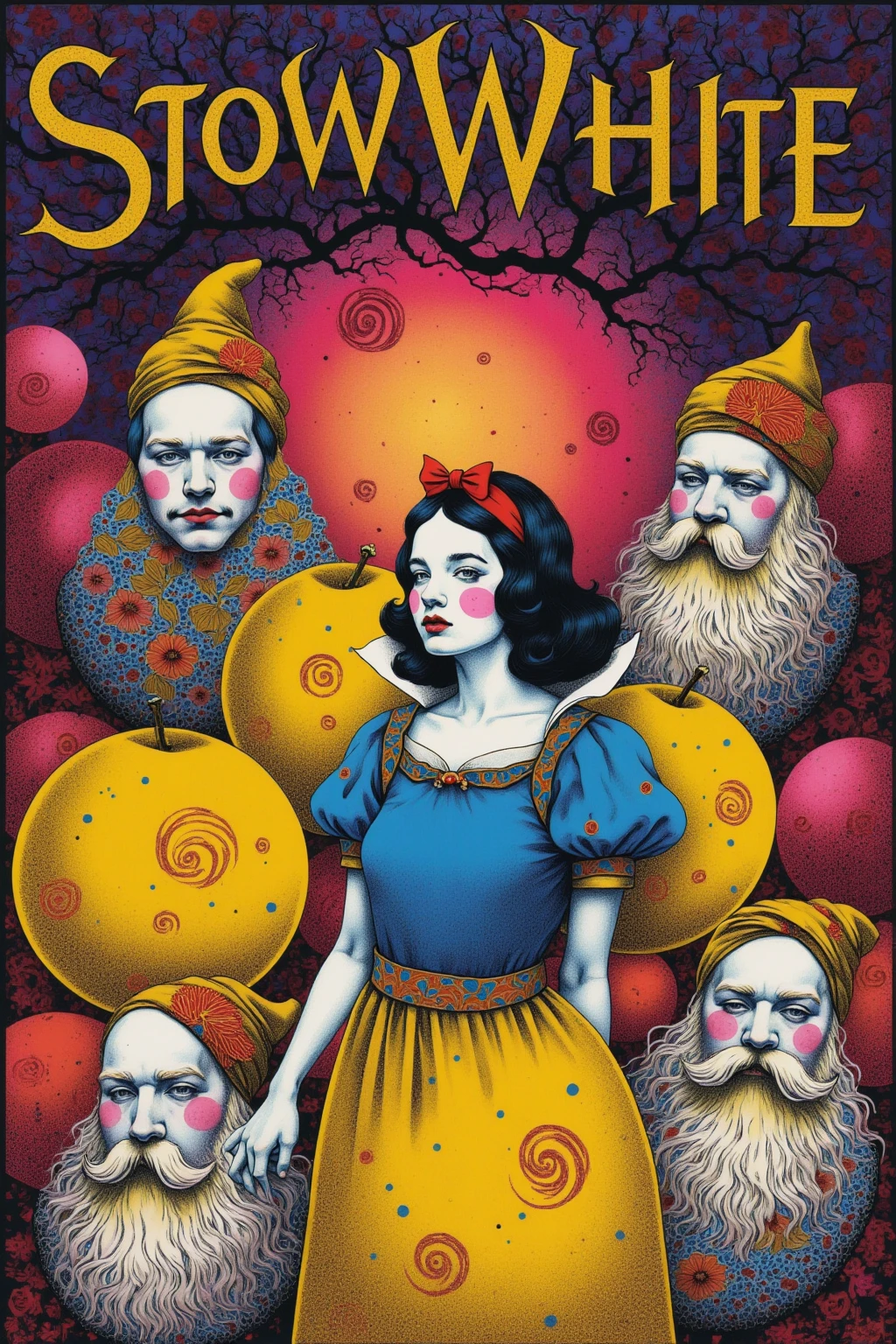  Snow White and the Seven Dwarfs,Hallucinatory Art 、 dmt Death of Ego 、 Psychedelic Horror 、 Highly Detailed Visionary Art 、 DMT Egodes 、 Shamanic Fears 、LSD art,Poisonous Plants , Poison and Disney Mix ,Poisoned Apple,